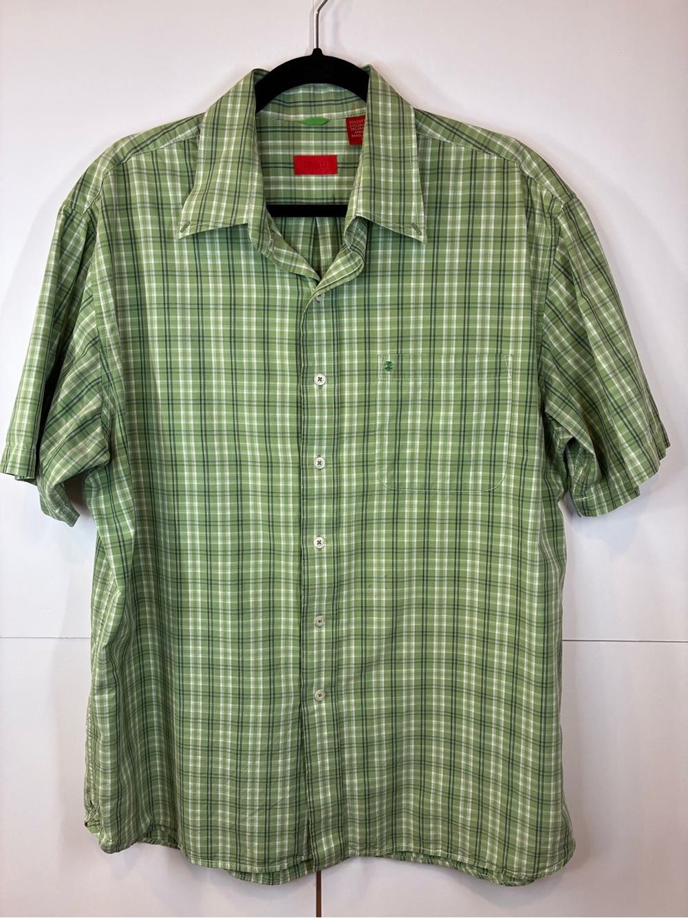 IZOD Men's Large Green Plaid Short Sleeve Button Front Shirt